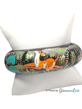 Vintage Kashmiri Papier Mache Bangle Deer Folk Art Bracelet